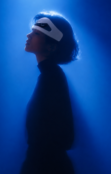 A patient wearing the ease headset during a session