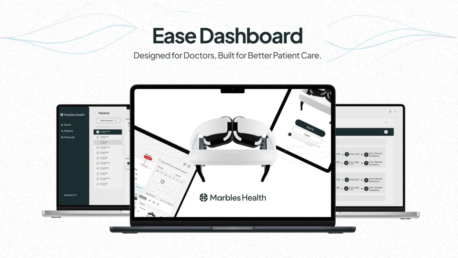 The ease clinician dashboard shown across a laptop and two tablets, with the ease headset on screen