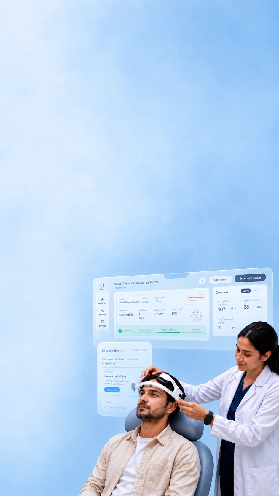 A clinician fitting the ease headset on a seated patient, with the ease dashboard shown alongside